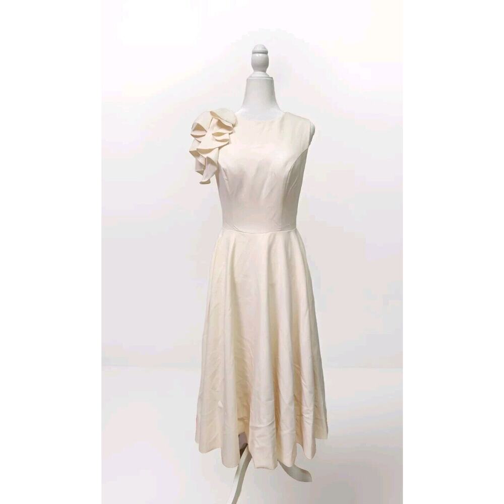 LT Lanting Bride Ivory Tea Length Ruffle Shoulder Wedding Dress Size 10 NWT